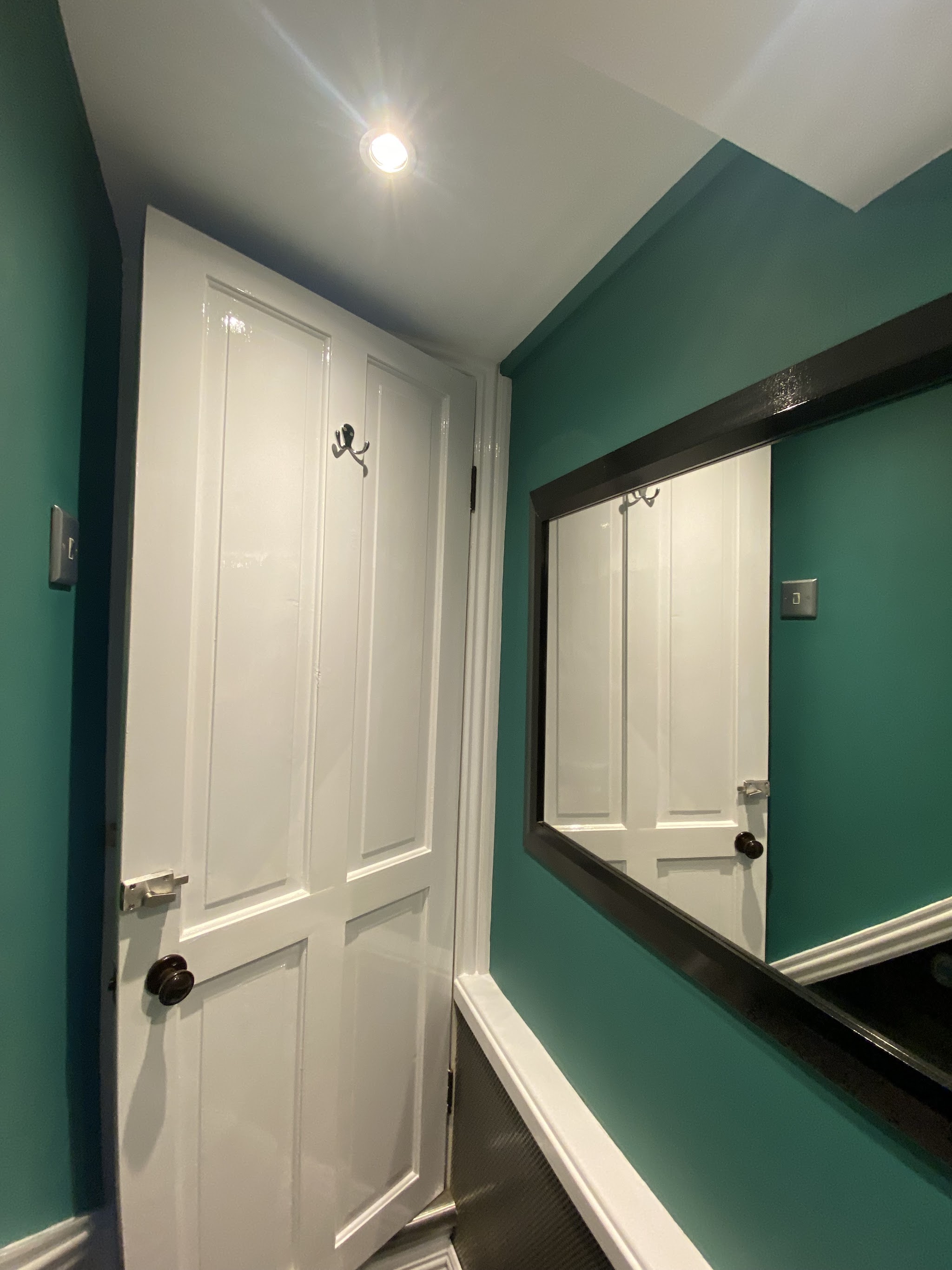 Teal green hallway with a white panelled door, white woodwork and a black framed mirror